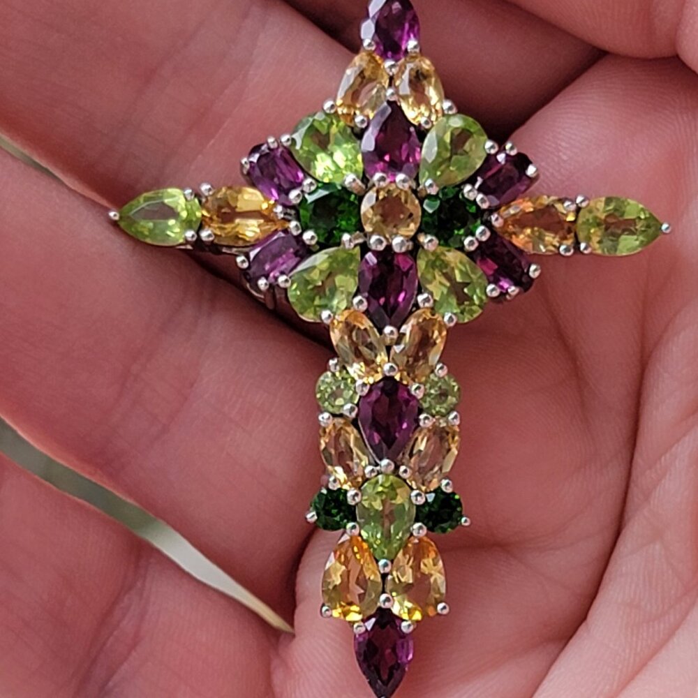 Multi-Gemstone Cross on 18 inch Silver Chain